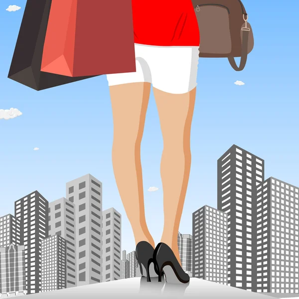 Senhora com saco de compras na cidade — Vetor de Stock