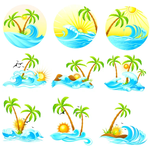 Olas con palmera — Vector de stock