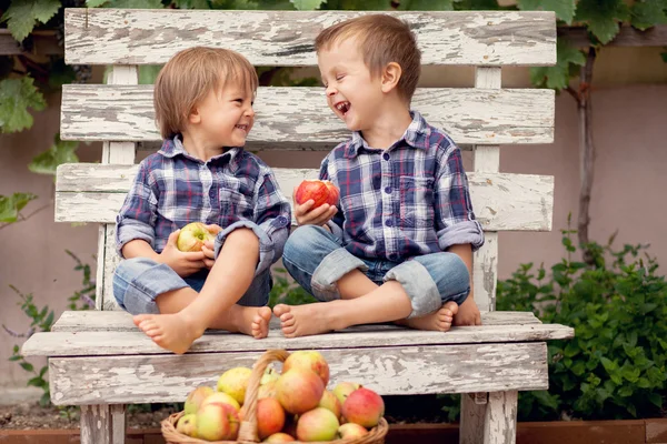 Two boys, eating apples