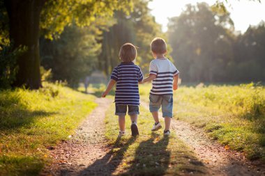 Two brothers in the park, walking together clipart
