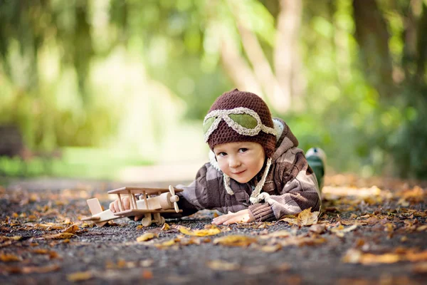 一个男孩用飞机在一个公园的秋天肖像 — 图库照片