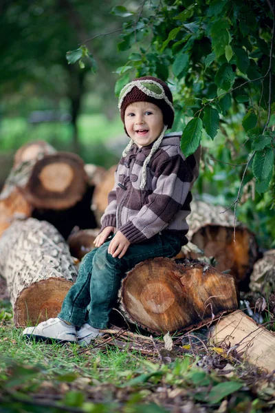 Retrato de um menino, sentado em um tronco de árvore — Fotografia de Stock