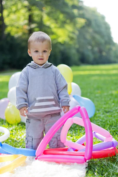 เด็กชายที่มีลูกโป่งในสวนสาธารณะ — ภาพถ่ายสต็อก