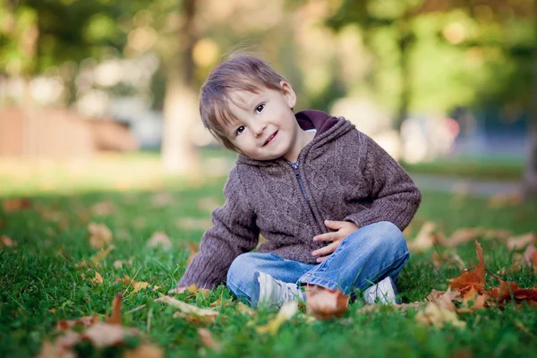 Мальчик, сидящий на лужайке — стоковое фото