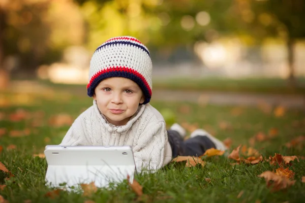 少年は、タブレットの芝生の上で遊んでください。 — ストック写真