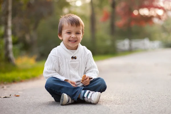 Jongen, zittend op een pad in een park — Stockfoto