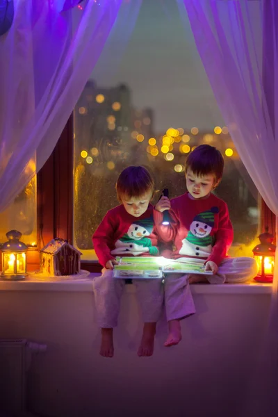 Two boys on the window reading — Stock Photo, Image