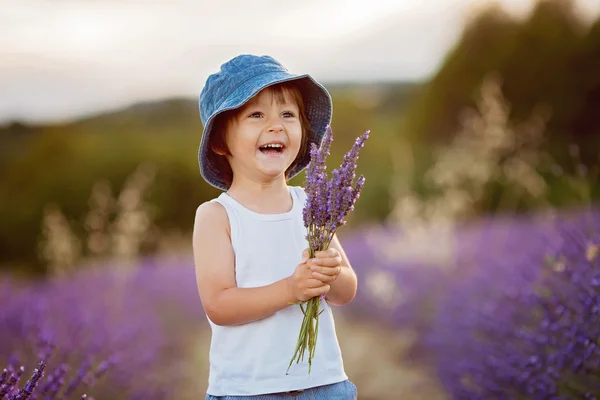 Entzückende süße Junge mit einem Hut in einem Lavendelfeld — Stockfoto