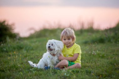 Sevimli anaokulu çocuğu, saçında pembe çizgili sarışın çocuk, gün batımında parkta sevimli köpeğiyle fotoğraf çekiyor.
