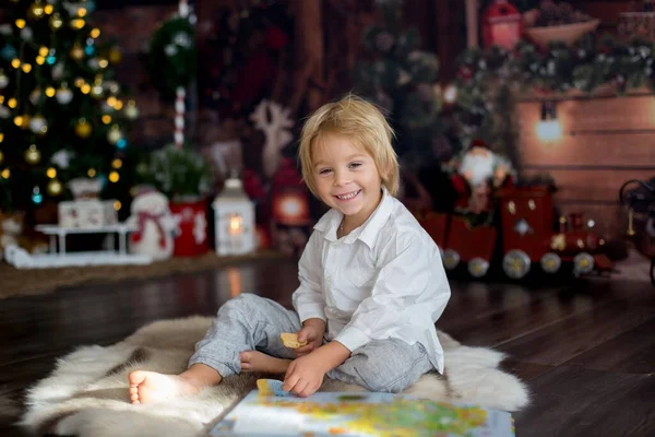Όμορφο Μικρό Παιδί Διαβάζοντας Βιβλίο Για Ζεστή Γούνα Ταράνδων Χριστούγεννα — Φωτογραφία Αρχείου