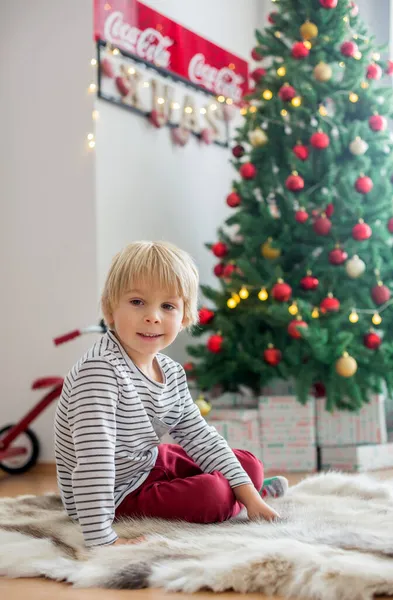 Bela Criança Sentada Com Cão Estimação Frente Árvore Natal Decoração — Fotografia de Stock