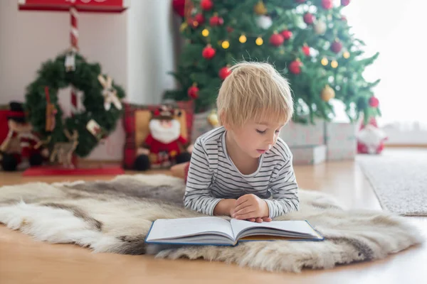 美しい幼児の子供 クリスマスツリーの前でペット犬と本を読んで 装飾し 彼の周りに提示します — ストック写真