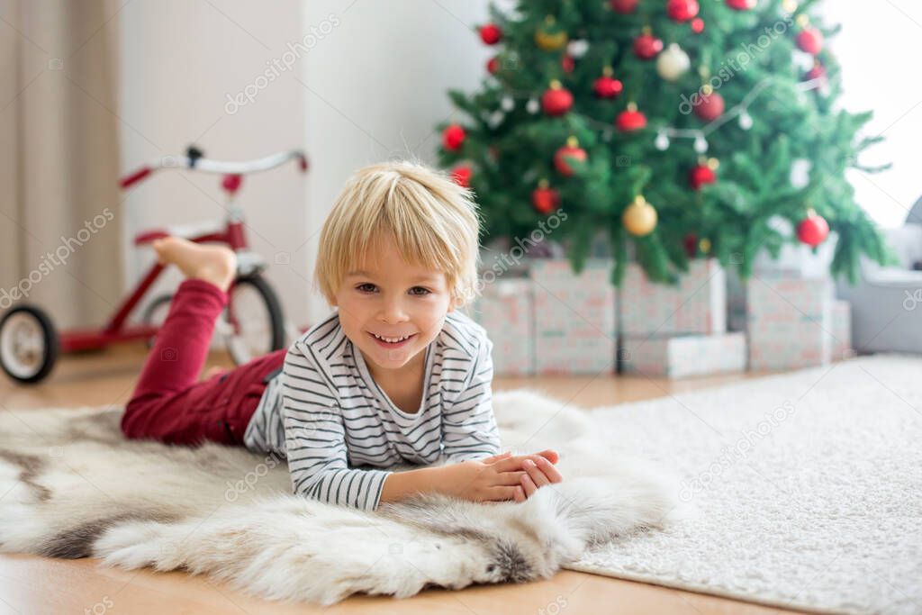 Beautiful toddler child, sitting with pet dog in front of  Christmas tree, decoration and presents around him