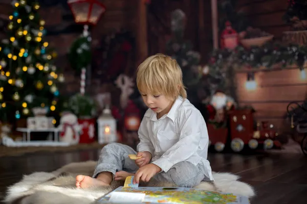 美しい幼児の子供 クリスマスに居心地の良いトナカイの毛皮の本を読む 彼の周りの装飾 — ストック写真
