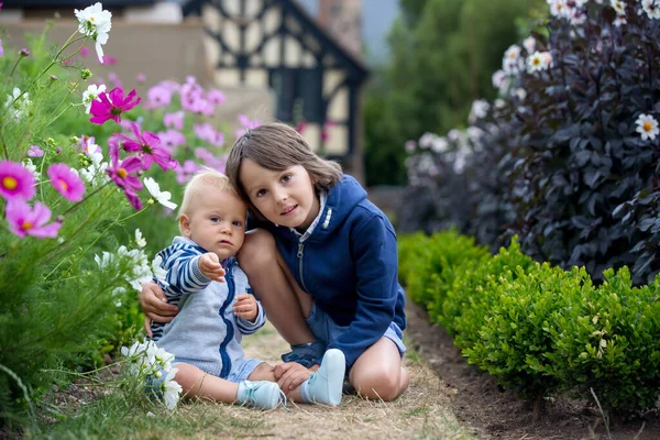 Όμορφο Παιδί Καταπληκτική Λουλούδι Στον Κήπο Καλοκαίρι — Φωτογραφία Αρχείου