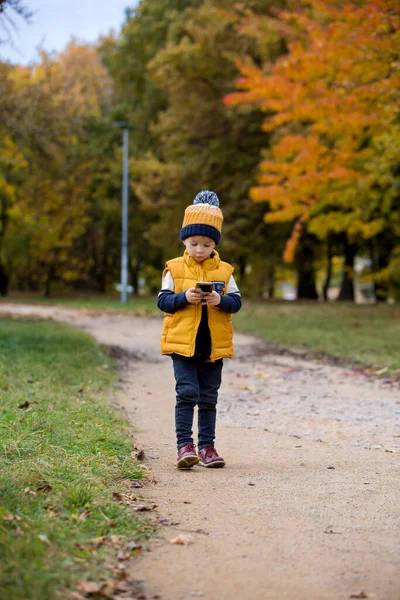 Mutlu Çocuk Parkta Telefonla Oynuyor Annesini Arıyor Parkta Sonbahar Fotoğrafları — Stok fotoğraf