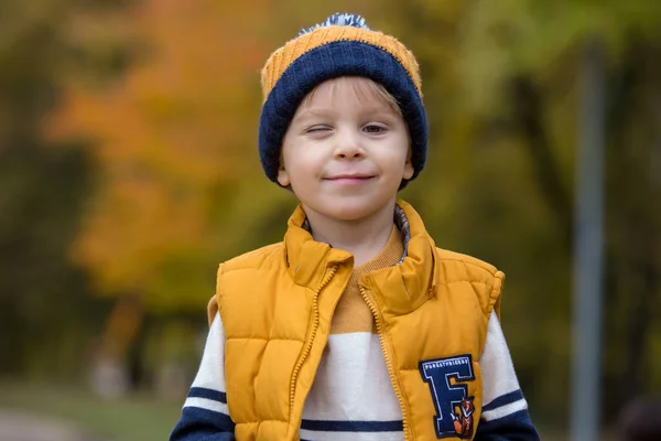 Ευτυχισμένο Παιδί Ποζάρουν Στο Πάρκο Φθινόπωρο Για Πολύχρωμες Εικόνες Παιδιά — Φωτογραφία Αρχείου