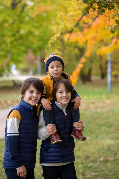 Mutlu Aile Komik Çocuklar Sonbahar Fotoğrafları Parkta Çekiliyor Çocuklar Oyun — Stok fotoğraf