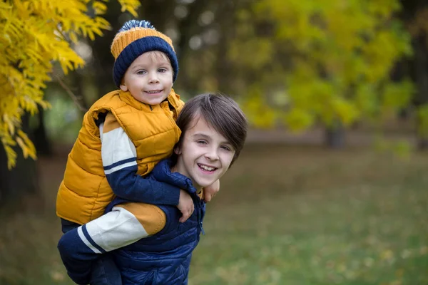 Família Feliz Crianças Engraçadas Tendo Suas Fotos Outono Tiradas Parque — Fotografia de Stock