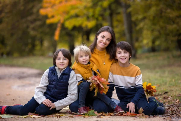 Mutlu bir aile, çocuklu bir anne, sonbahar resimleri parkta çekiliyor, çocuklar oyun oynuyor.