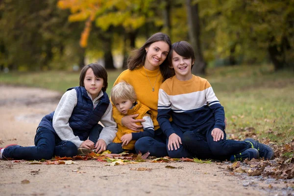 Mutlu Bir Aile Çocuklu Bir Anne Sonbahar Resimleri Parkta Çekiliyor — Stok fotoğraf