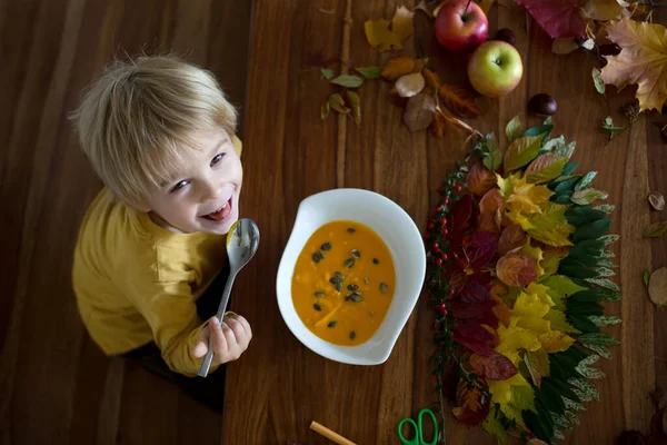 甘い子 男の子 カボチャのスープを食べ 葉を葉で芸術や工芸品をやっている間に接着剤を使用して葉を適用しながら 葉のカラフルなスペクトル — ストック写真