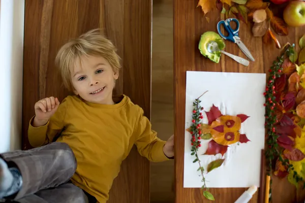 甘い子 男の子 葉で芸術や工芸品をやっている間に接着剤を使用して葉を適用しながらアボカドを食べる 葉のカラフルなスペクトル — ストック写真