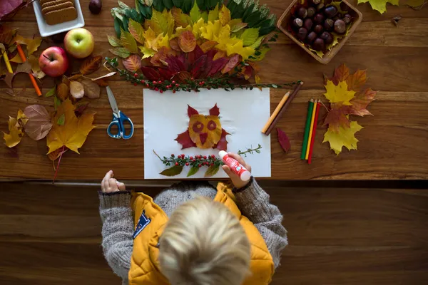 Tatlı Çocuk Yaprakları Yapıştırırken Evde Yapraklarla Sanat Çarşaf Yapıyorsun Renkli — Stok fotoğraf