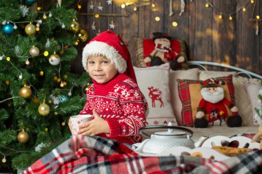 Küçük tatlı bir çocuk, noel kıyafetleri içinde bir çocuk, Noel 'de ahşap bir kulübede oynamak, onun etrafında dolaşmak. Çocuk kitabı okuyor ve çay içiyor.