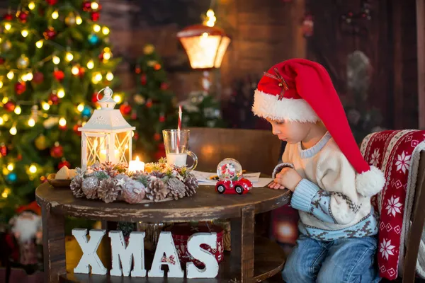 Cute Toddler Child Boy Christmas Outfut Playing Wooden Cabin Christmas — Stock Photo, Image