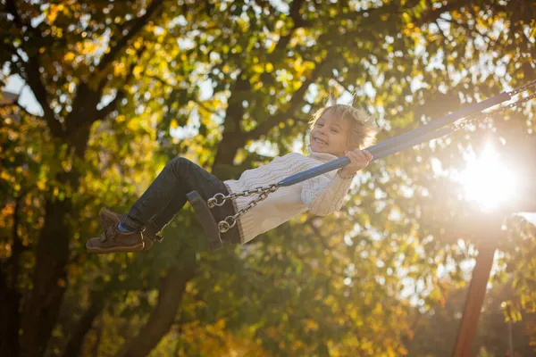 Happy Children Playing Pet Dog Autumn Park Sunny Day Foliage — Stock Photo, Image