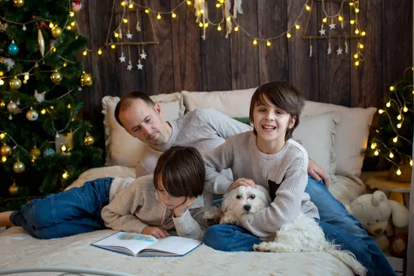 Çocuklu Evcil Köpekli Mutlu Bir Aile Noel Tadını Çıkarıyor Noel — Stok fotoğraf