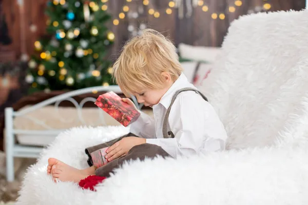 Sevimli Çocuk Yumuşak Bir Battaniyeyle Rahat Koltukta Oturuyor Kitap Okuyor — Stok fotoğraf