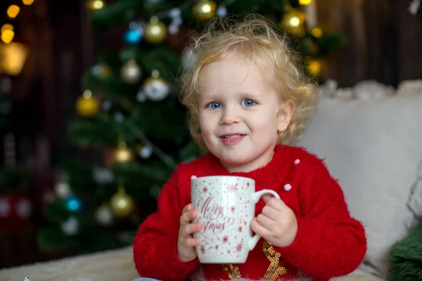 Enfant Tout Petit Mignon Fille Blonde Bouclée Tenue Noël Jouant — Photo