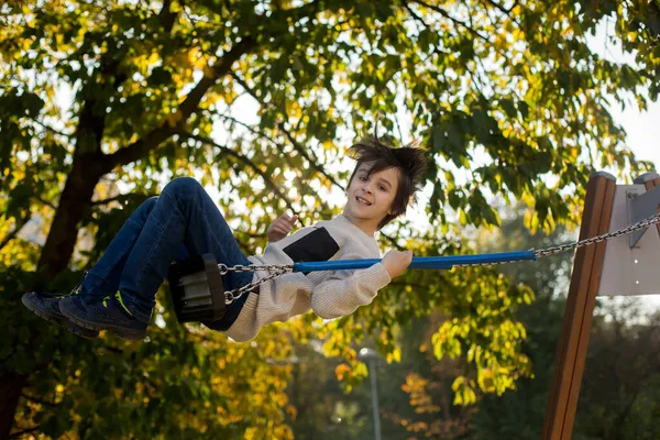 Happy Children Playing Pet Dog Autumn Park Sunny Day Foliage — Stock Photo, Image