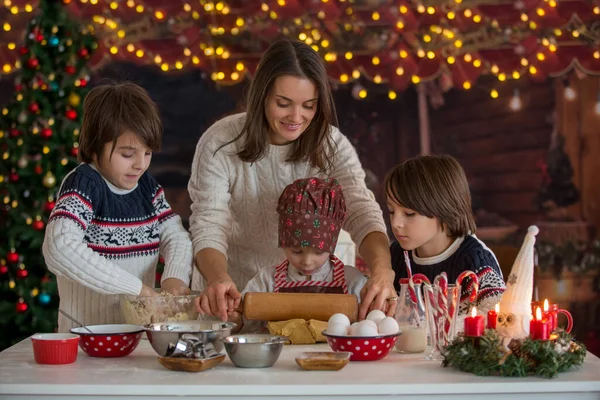 Cute Blond Child His Brothers Mom Baking Christmas Cookies Home — Stock Photo, Image