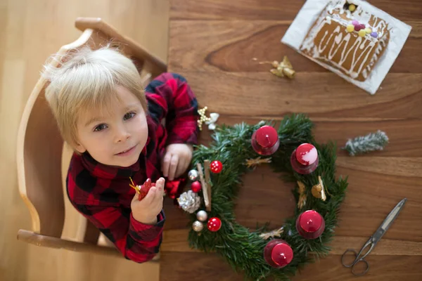 Little Cute Blonde Toddler Boy Making Advent Wreath Home Decorating — Stock Photo, Image