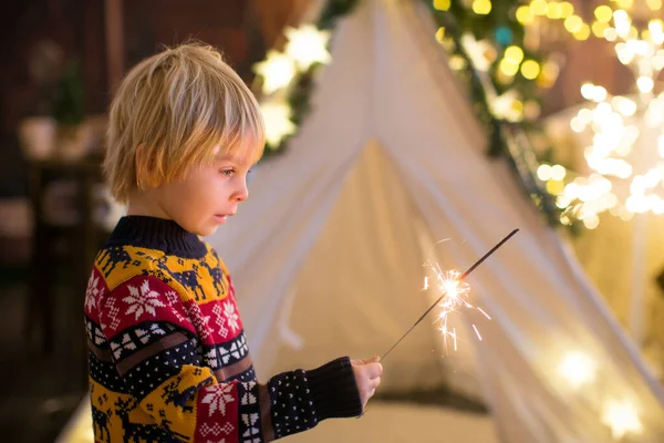 Cute Toddler Child Blond Boy Holding Splarkler Home New Years — Stock Photo, Image