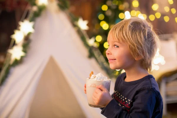 Beautiful Blond Toddler Child Boy Drinking Hot Cocoa Wipped Cream — Stock Photo, Image