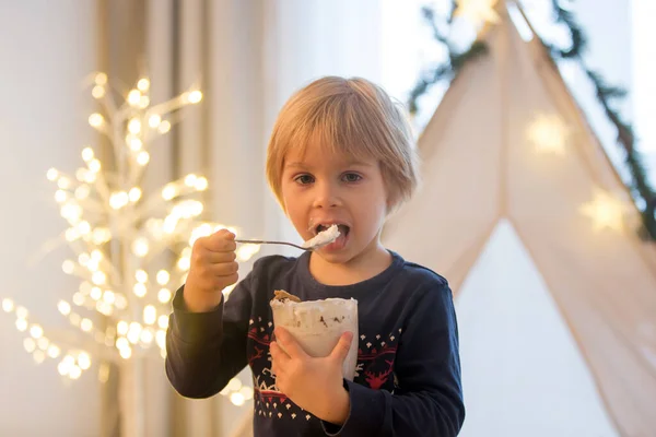 Beautiful Blond Toddler Child Boy Drinking Hot Cocoa Wipped Cream — Stock Photo, Image