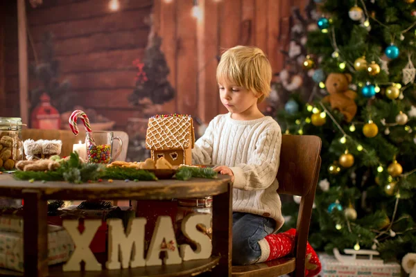 Blond Toddler Child Cute Boy Making Christmas Ginger Bread House — Stockfoto