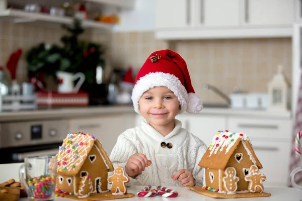 Blond Toddler Child Cute Boy Decorating Christmas Ginger Bread House — Stock fotografie