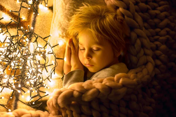 Toddler Child Cute Blond Boy Sleeping Bed Night Christmas Lights — Photo