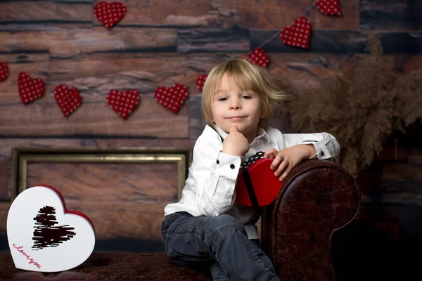 Cute Toddler Blond Child Cute Boy Valentine Decoration Love Flowers — Stock Photo, Image