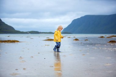 Tatlı çocuk, yazın Lofoten 'da Norveç' te beyaz kumsalda koşuyor.