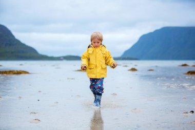 Tatlı çocuk, yazın Lofoten 'da Norveç' te beyaz kumsalda koşuyor.