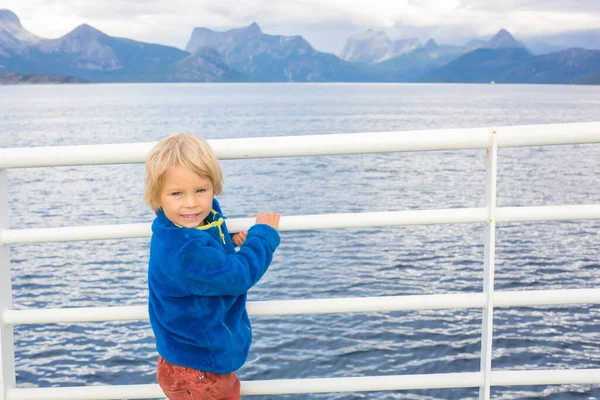 Child Cute Boy Looking Mountains Ferry Nortern Norway His Way — Foto Stock