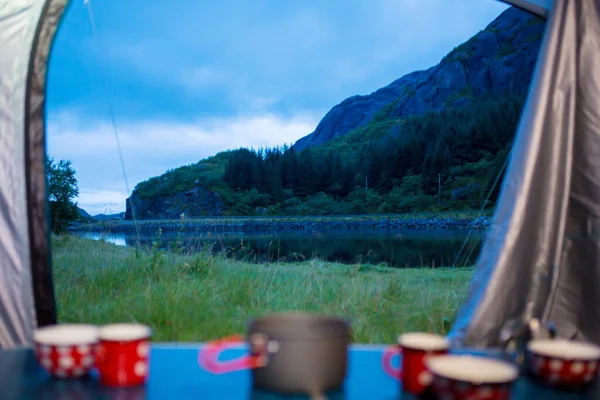 Child Eating Breakfast Drinking Tea Family Tent Holiday Norway — стокове фото