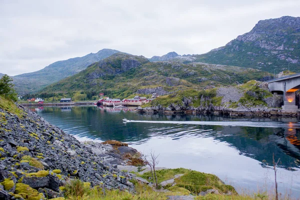 Amazing Landscape Nature Typical Red Wooden Cabins Summer Lofoten Northern — Stockfoto