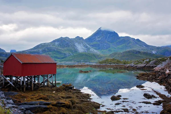 Amazing Landscape Nature Typical Red Wooden Cabins Summer Lofoten Northern — Stockfoto